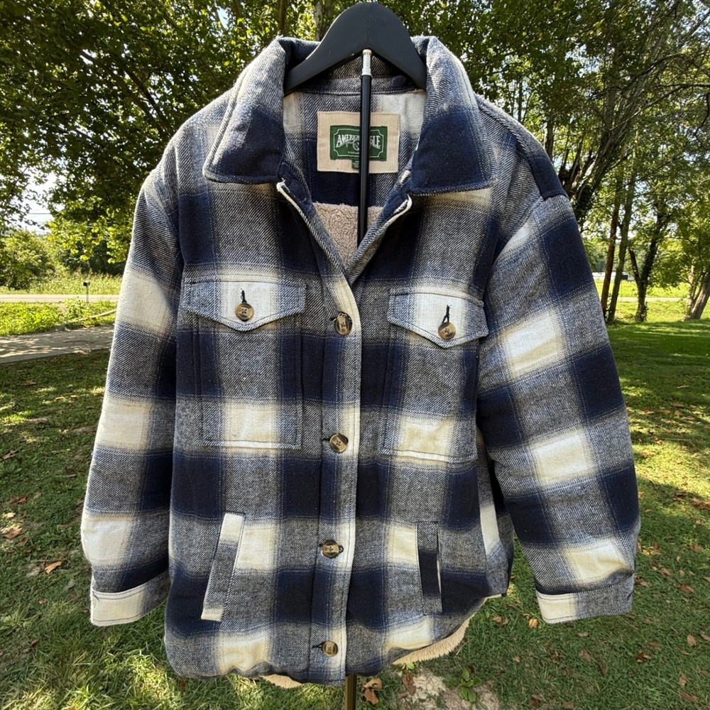 American Eagle Sherpa Lined Plaid Flannel Shirt Jacket Navy Cream Mens Medium